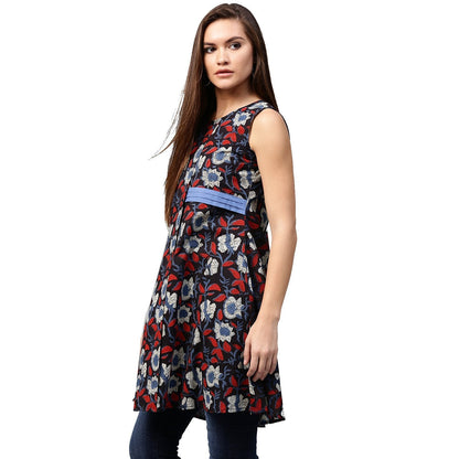 Black Printed Sleeveless Cotton Flared Tunics | LASVINI - Redefining Indian Fashion with Elegance