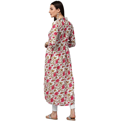White Floral Printed 3/4Th Sleeve Cotton Anarkali Kurta | LASVINI - Redefining Indian Fashion with Elegance