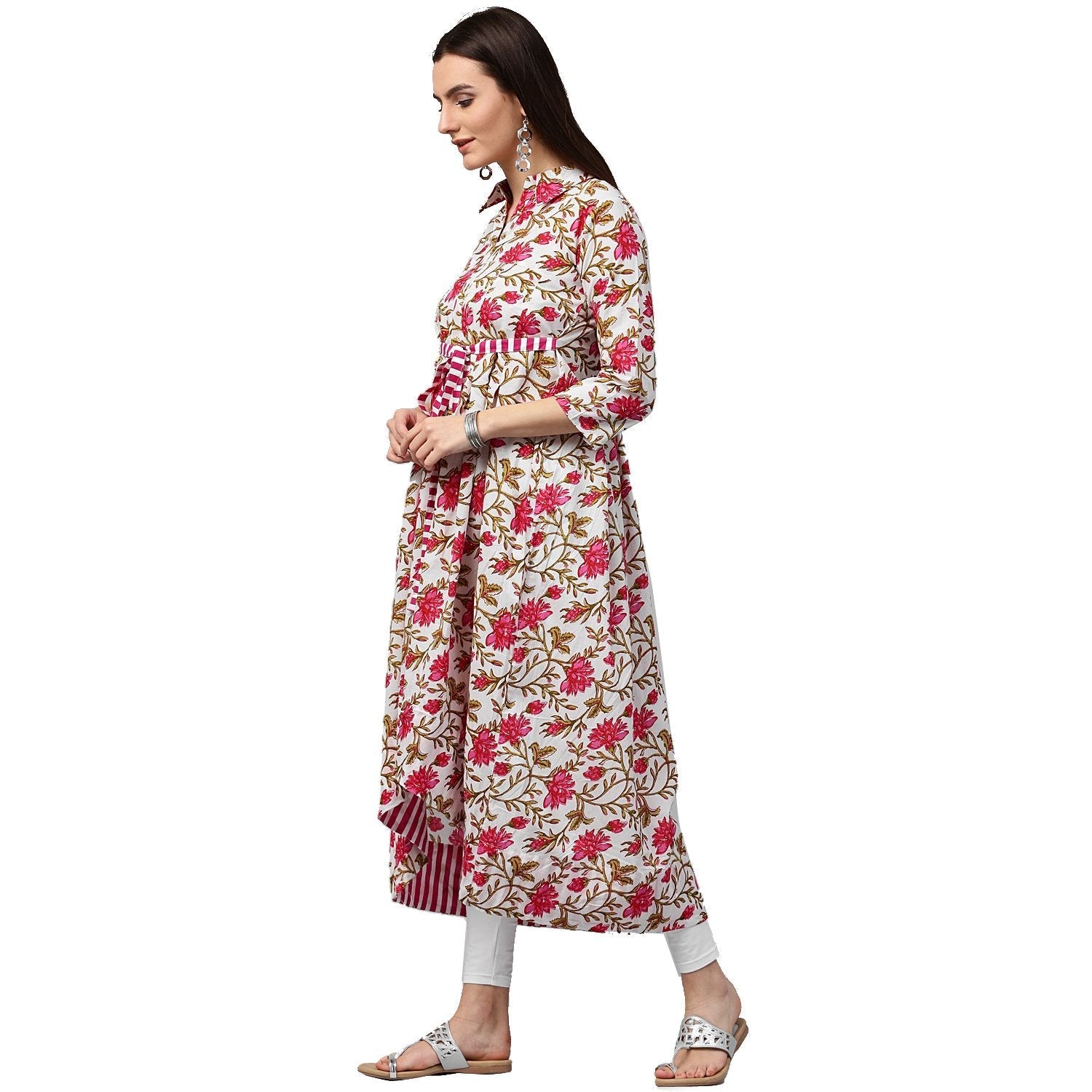 White Floral Printed 3/4Th Sleeve Cotton Anarkali Kurta | LASVINI - Redefining Indian Fashion with Elegance