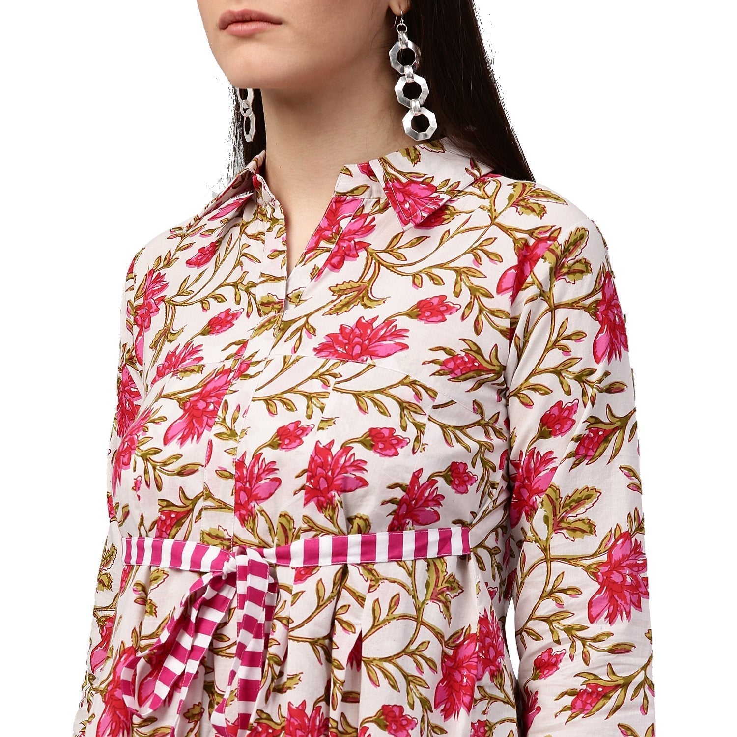 White Floral Printed 3/4Th Sleeve Cotton Anarkali Kurta | LASVINI - Redefining Indian Fashion with Elegance