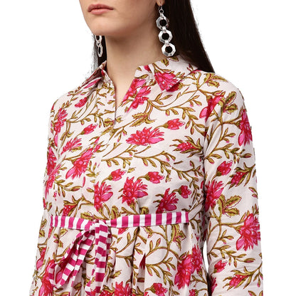 White Floral Printed 3/4Th Sleeve Cotton Anarkali Kurta | LASVINI - Redefining Indian Fashion with Elegance