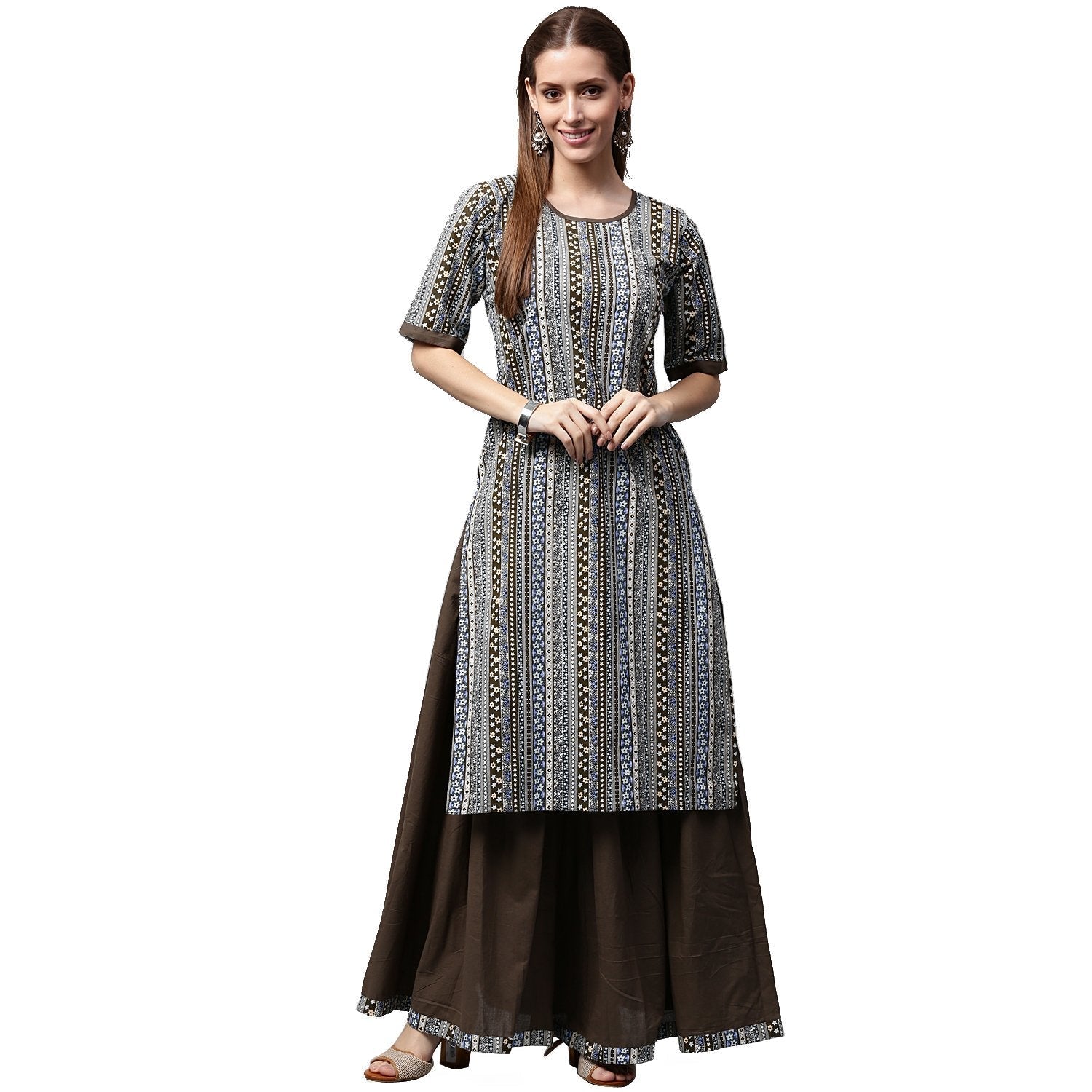 Grey Printed Half Sleeve Cotton Kurta With Black Skirt | LASVINI - Redefining Indian Fashion with Elegance