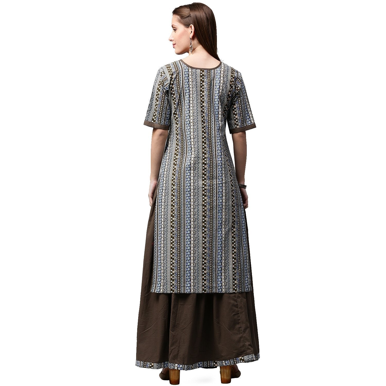 Grey Printed Half Sleeve Cotton Kurta With Black Skirt | LASVINI - Redefining Indian Fashion with Elegance