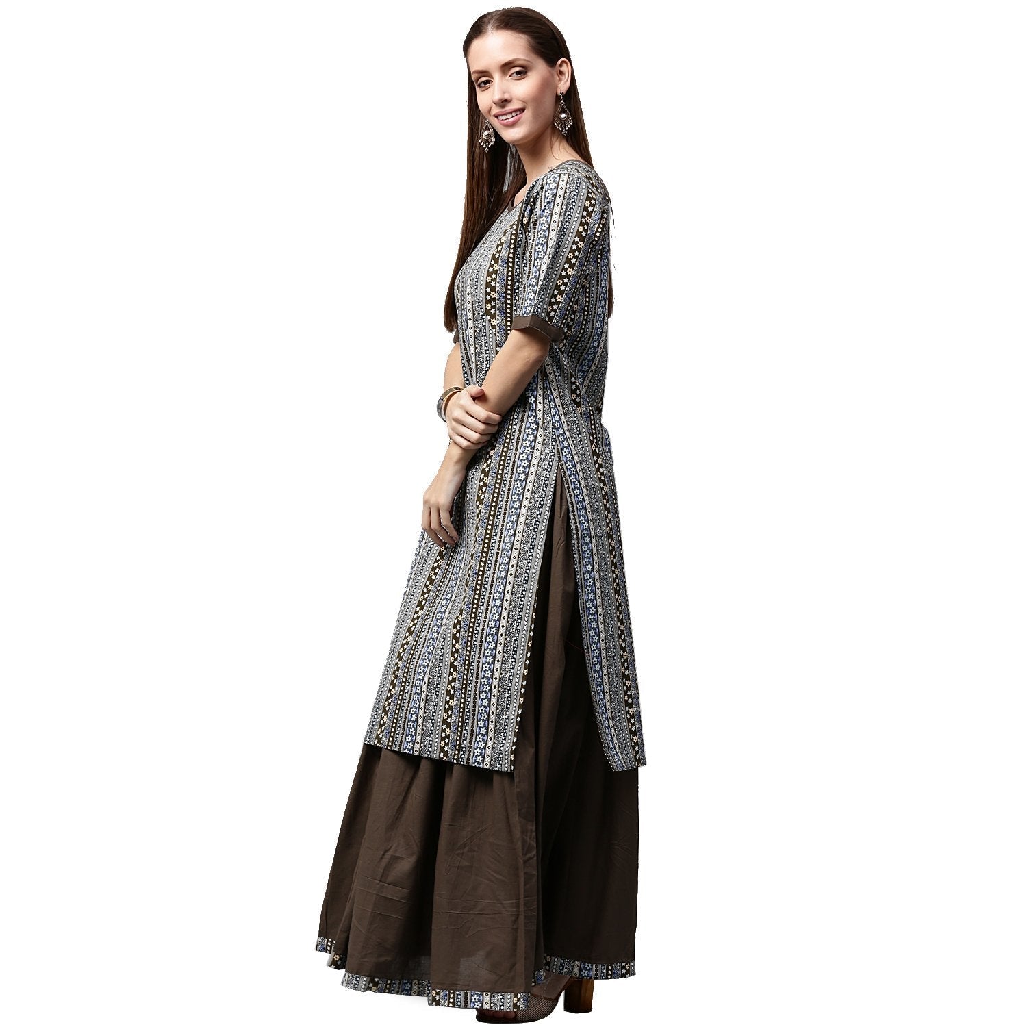 Grey Printed Half Sleeve Cotton Kurta With Black Skirt | LASVINI - Redefining Indian Fashion with Elegance