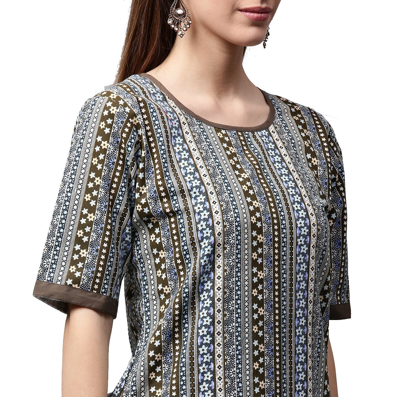 Grey Printed Half Sleeve Cotton Kurta With Black Skirt | LASVINI - Redefining Indian Fashion with Elegance