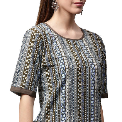 Grey Printed Half Sleeve Cotton Kurta With Black Skirt | LASVINI - Redefining Indian Fashion with Elegance