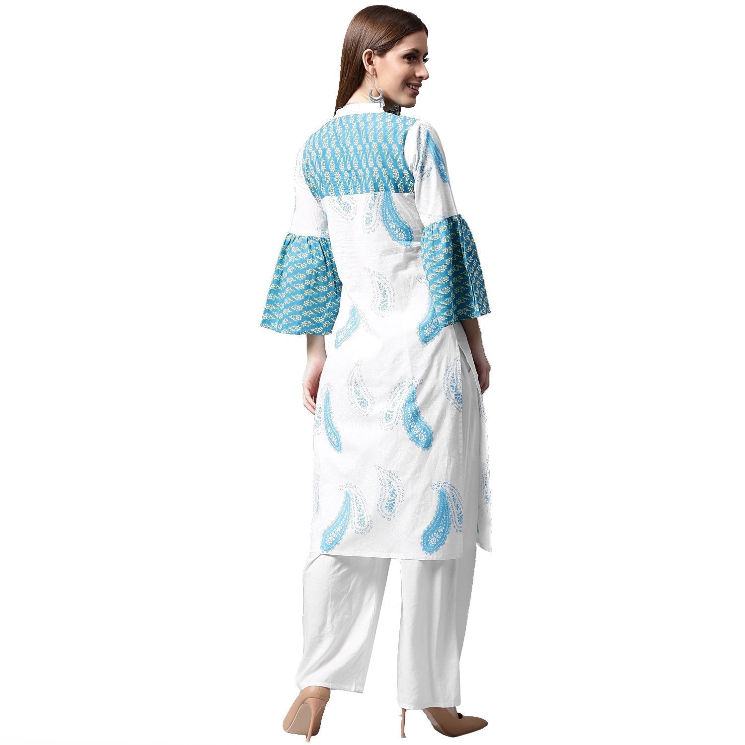 White And Blue Printed 3/4Th Flared Sleeve Cotton Kurta | LASVINI - Redefining Indian Fashion with Elegance