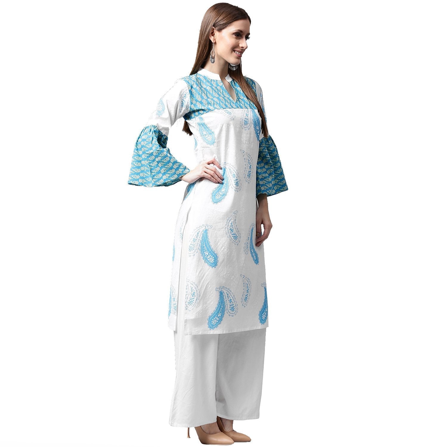 White And Blue Printed 3/4Th Flared Sleeve Cotton Kurta | LASVINI - Redefining Indian Fashion with Elegance
