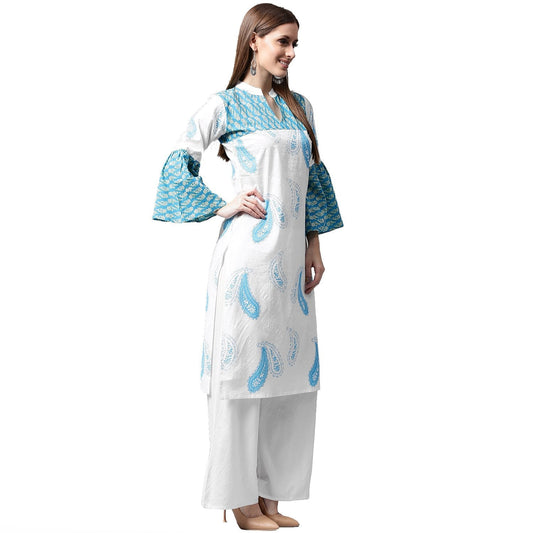 White And Blue Printed 3/4Th Flared Sleeve Cotton Kurta | LASVINI - Redefining Indian Fashion with Elegance