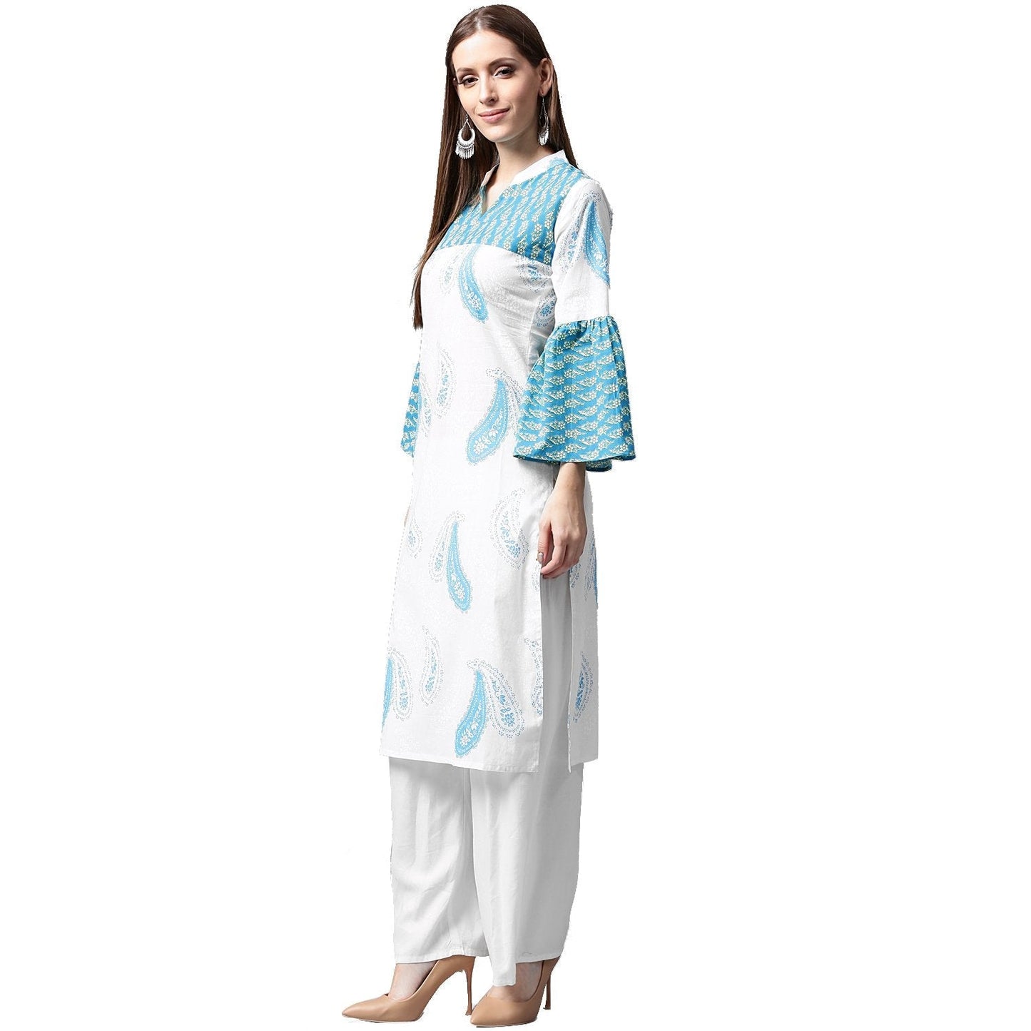 White And Blue Printed 3/4Th Flared Sleeve Cotton Kurta | LASVINI - Redefining Indian Fashion with Elegance