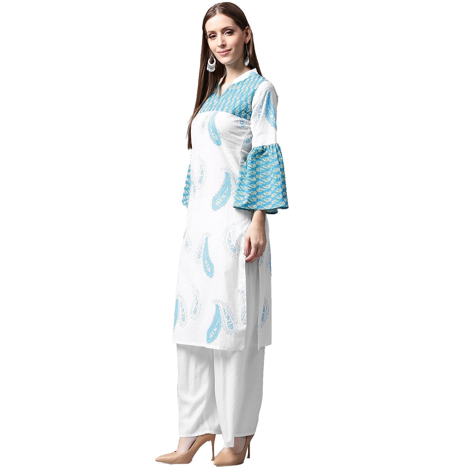 White And Blue Printed 3/4Th Flared Sleeve Cotton Kurta | LASVINI - Redefining Indian Fashion with Elegance