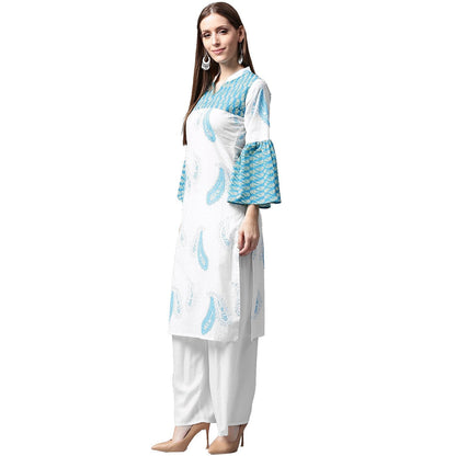 White And Blue Printed 3/4Th Flared Sleeve Cotton Kurta | LASVINI - Redefining Indian Fashion with Elegance