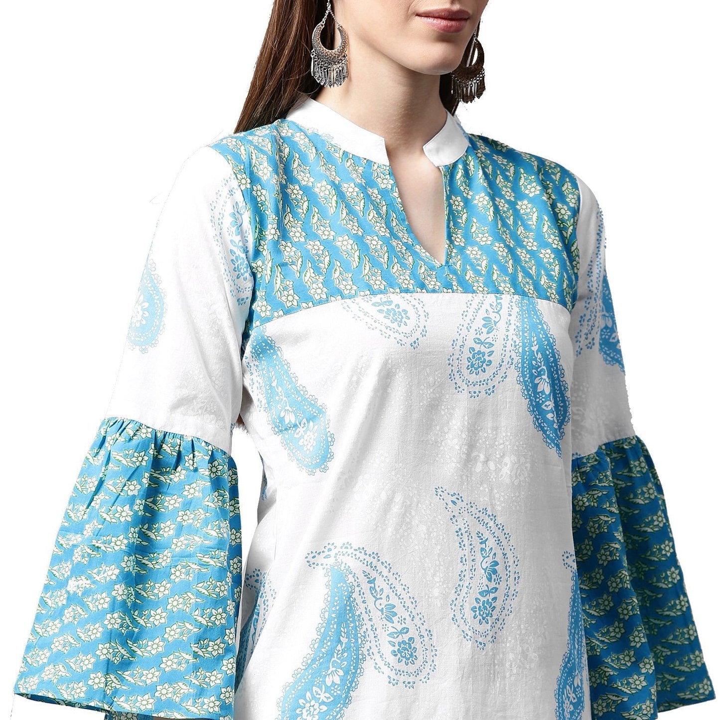 White And Blue Printed 3/4Th Flared Sleeve Cotton Kurta | LASVINI - Redefining Indian Fashion with Elegance