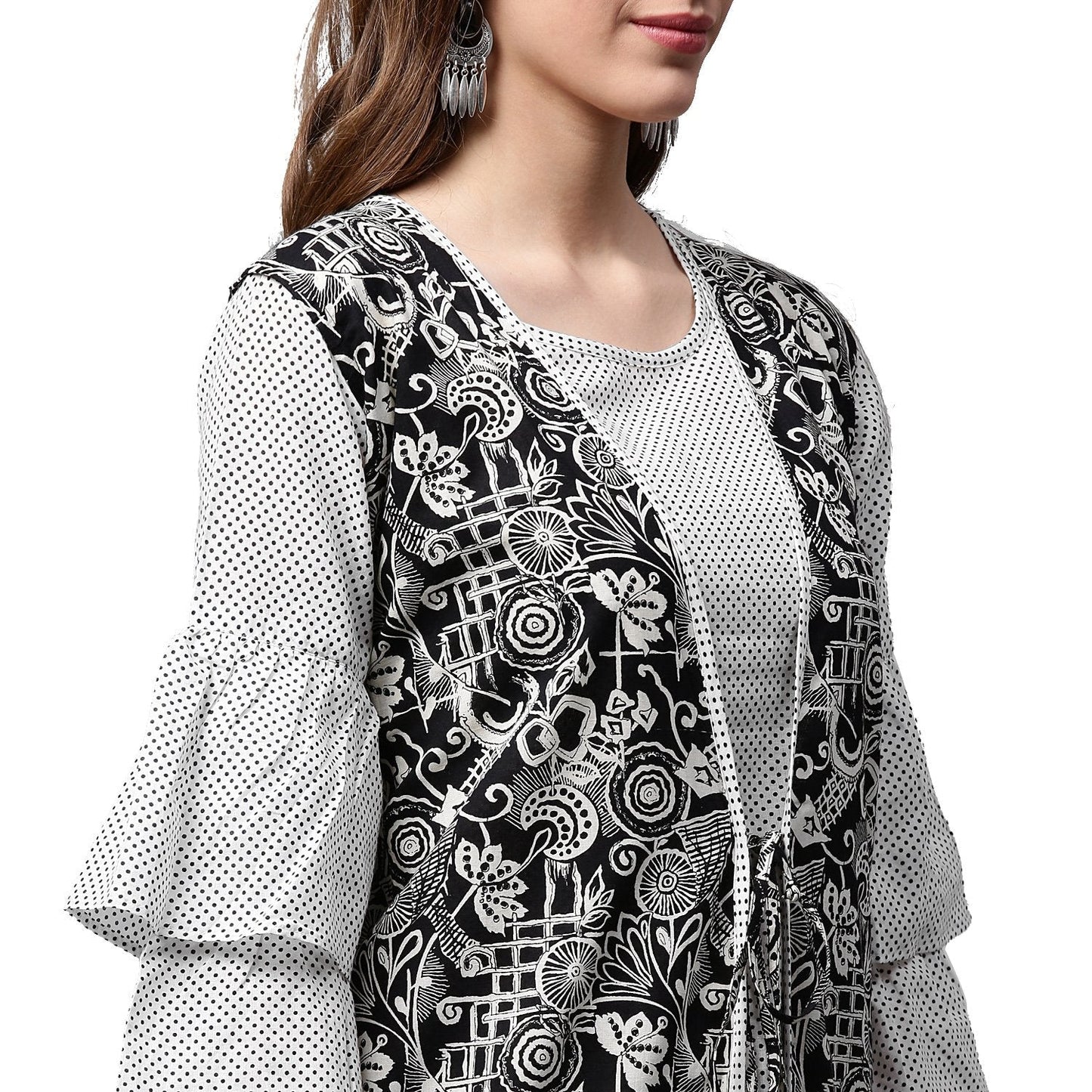 White Printed 3/4Th Sleeve Cotton A-Line Kurta With Black Printed Jacket | LASVINI - Redefining Indian Fashion with Elegance