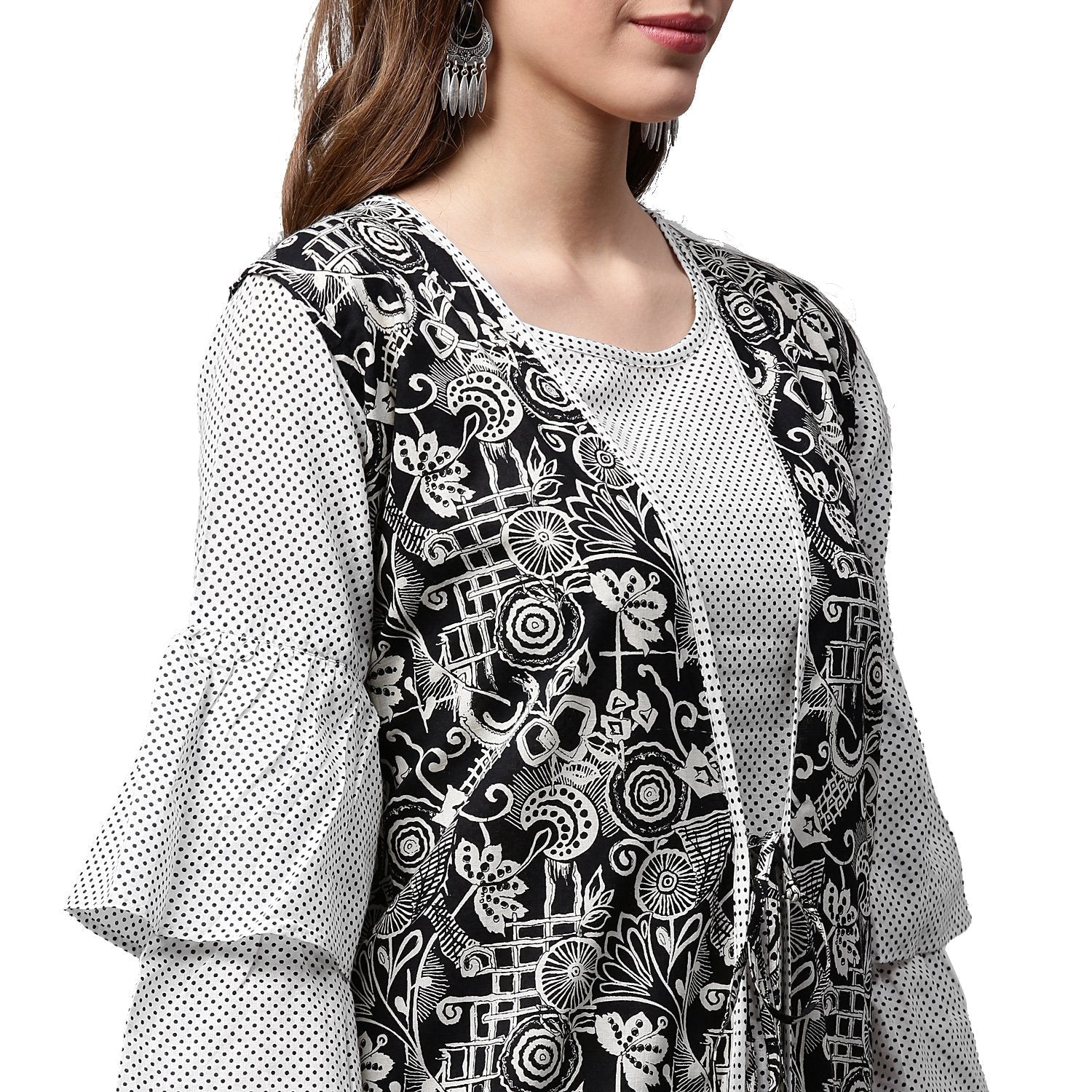 White Printed 3/4Th Sleeve Cotton A-Line Kurta With Black Printed Jacket | LASVINI - Redefining Indian Fashion with Elegance