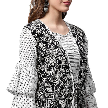 White Printed 3/4Th Sleeve Cotton A-Line Kurta With Black Printed Jacket | LASVINI - Redefining Indian Fashion with Elegance