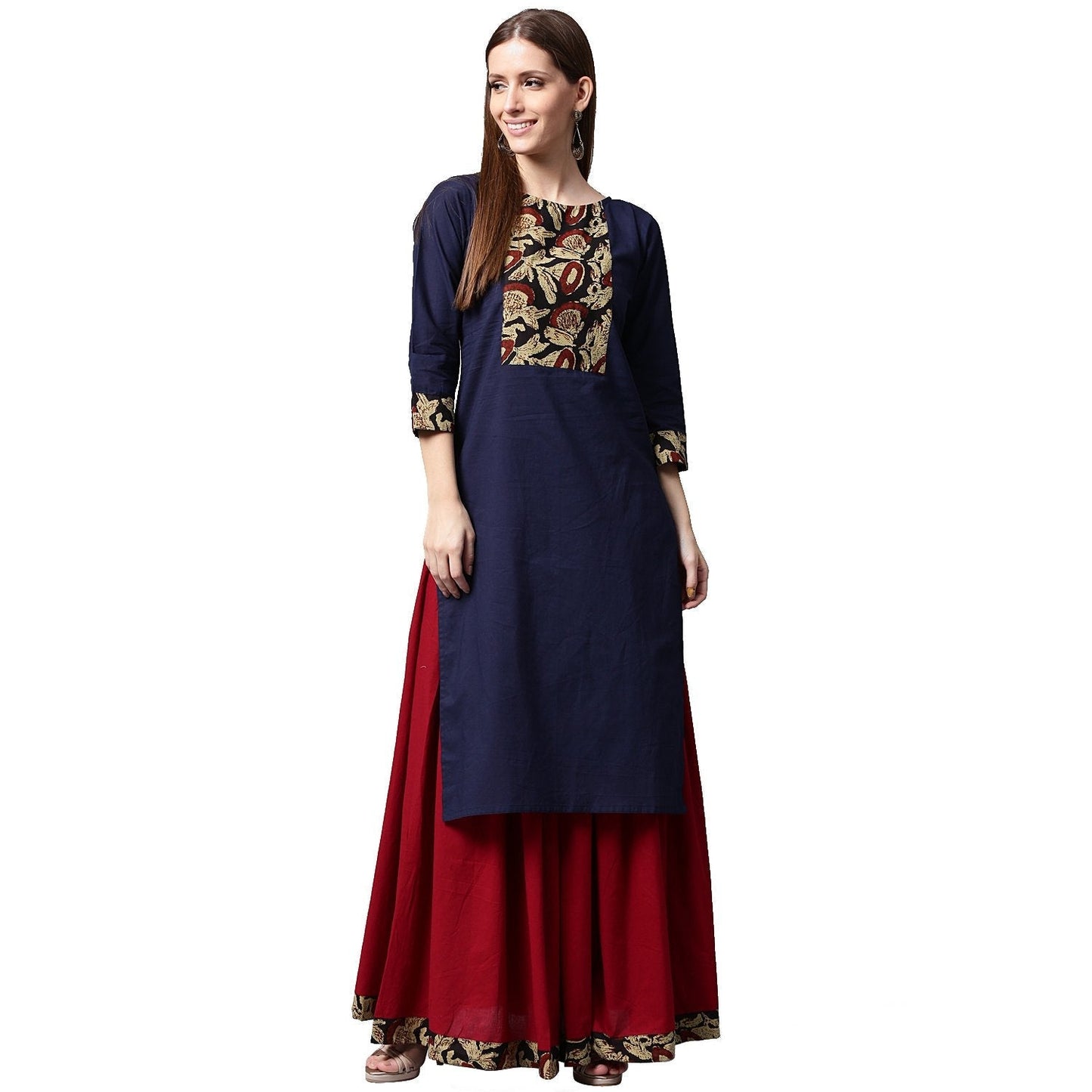 Blue Printed 3/4Th Sleeve Cotton Kurta With Maroon Skirt | LASVINI - Redefining Indian Fashion with Elegance