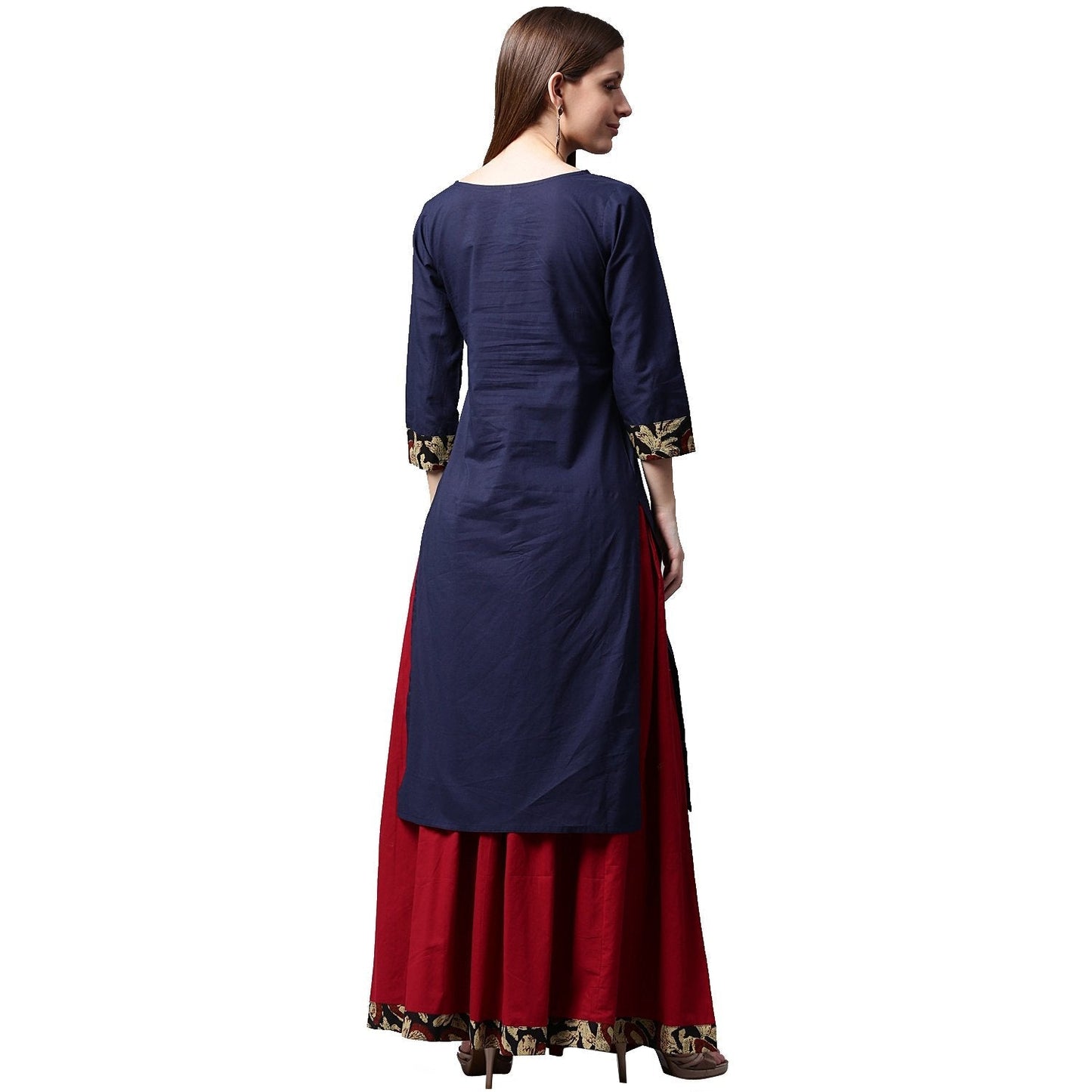 Blue Printed 3/4Th Sleeve Cotton Kurta With Maroon Skirt | LASVINI - Redefining Indian Fashion with Elegance