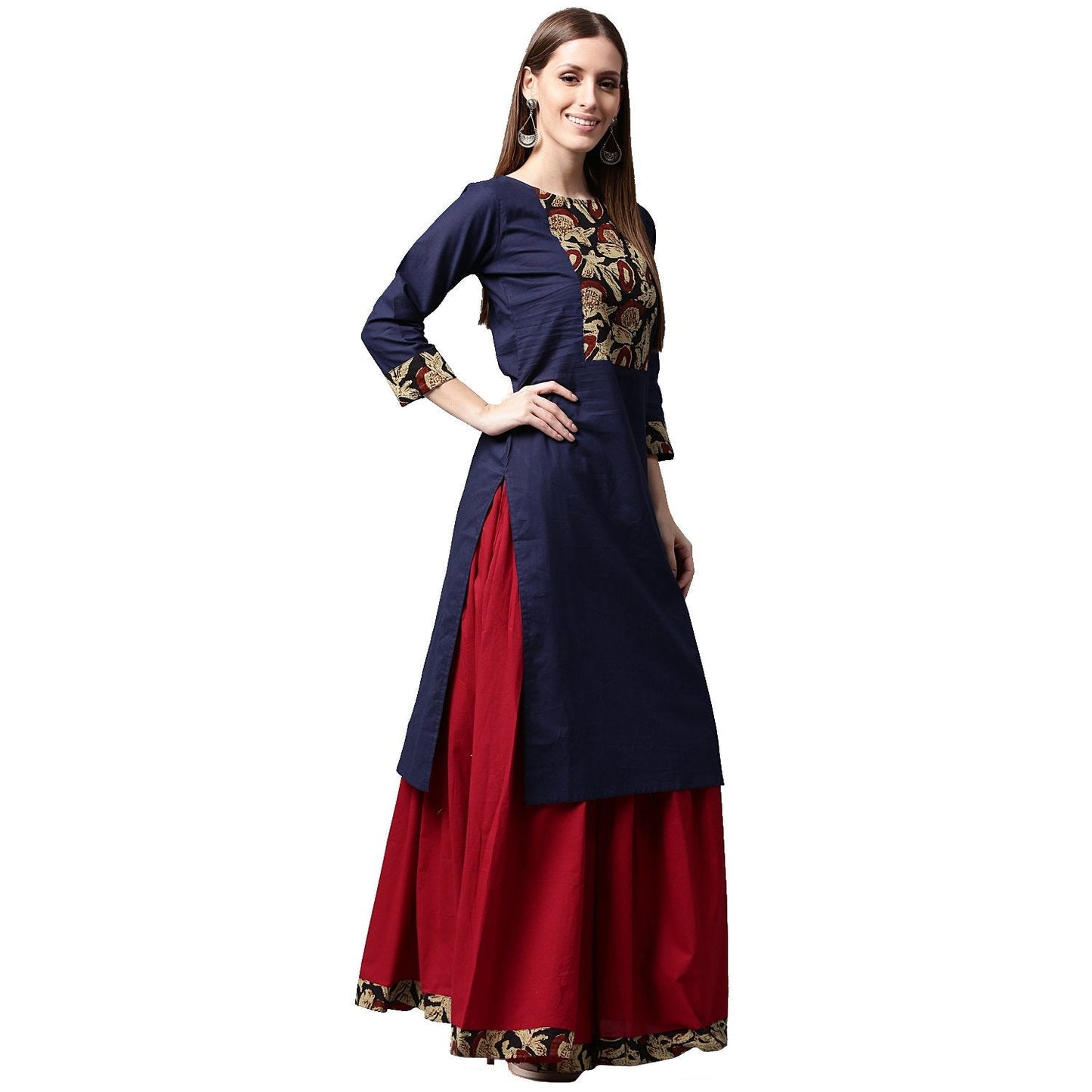 Blue Printed 3/4Th Sleeve Cotton Kurta With Maroon Skirt | LASVINI - Redefining Indian Fashion with Elegance