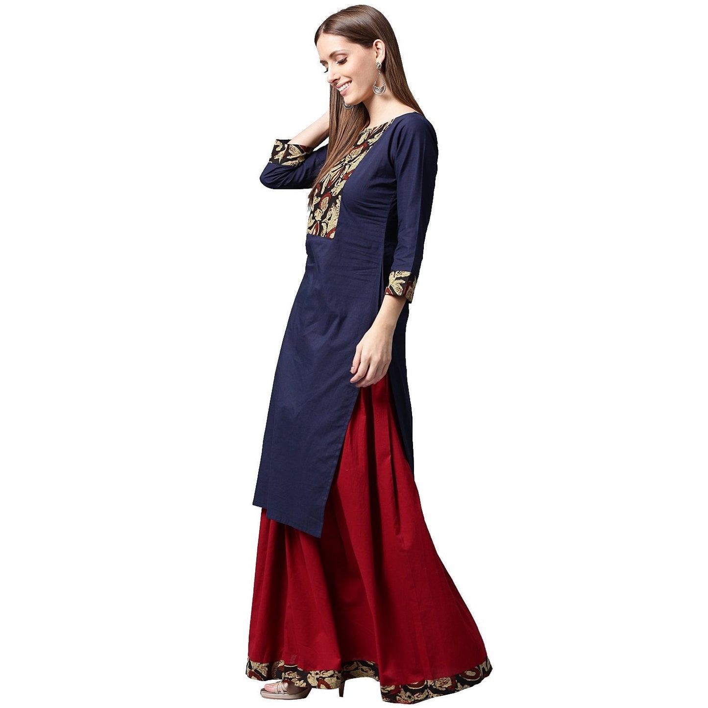 Blue Printed 3/4Th Sleeve Cotton Kurta With Maroon Skirt | LASVINI - Redefining Indian Fashion with Elegance