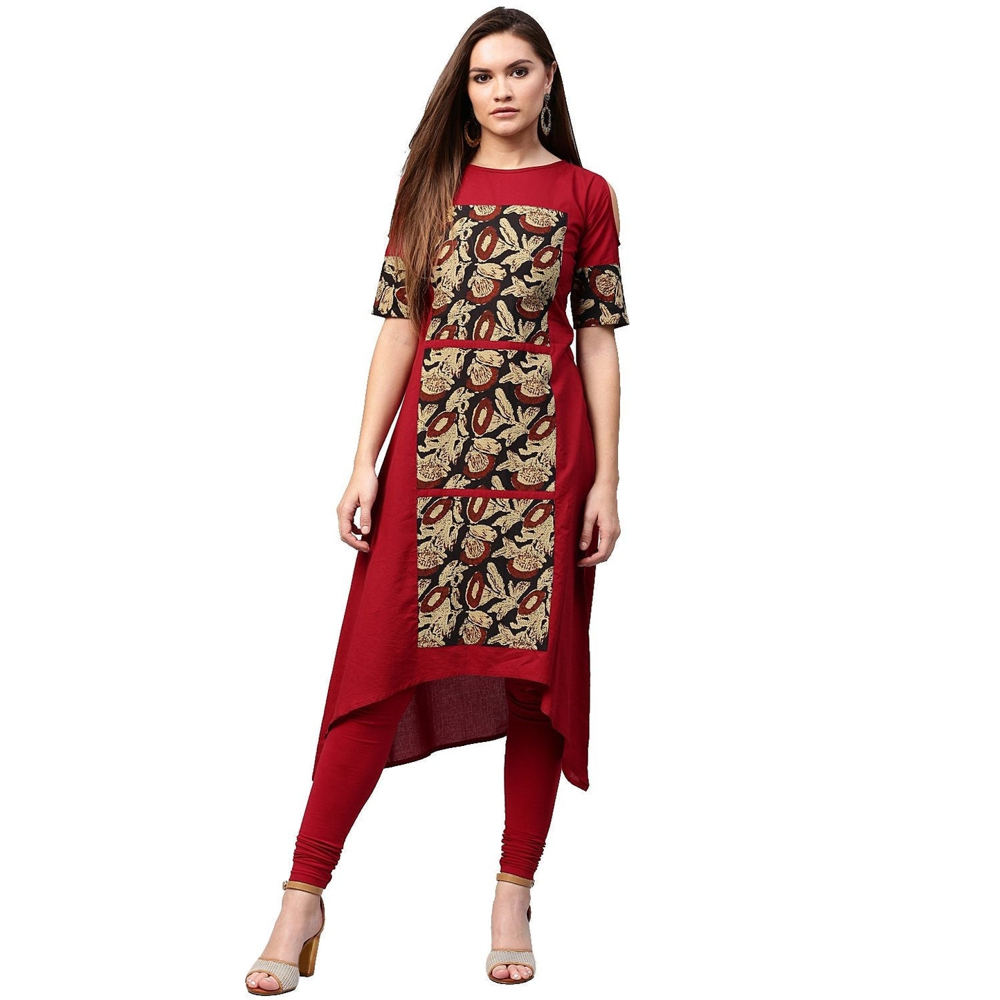 Maroon Printed Half Sleeve Cotton Kurta | LASVINI - Redefining Indian Fashion with Elegance