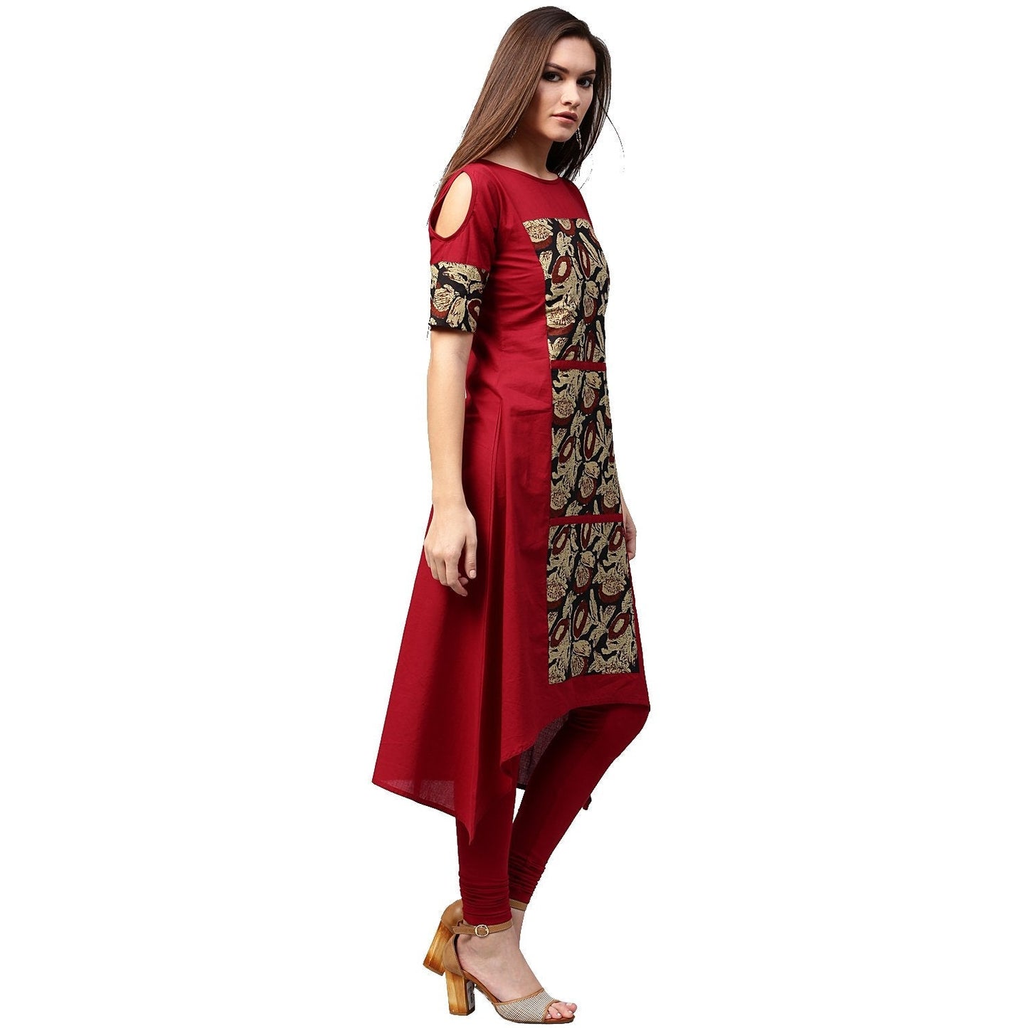 Maroon Printed Half Sleeve Cotton Kurta | LASVINI - Redefining Indian Fashion with Elegance