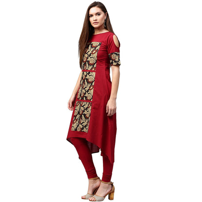 Maroon Printed Half Sleeve Cotton Kurta | LASVINI - Redefining Indian Fashion with Elegance