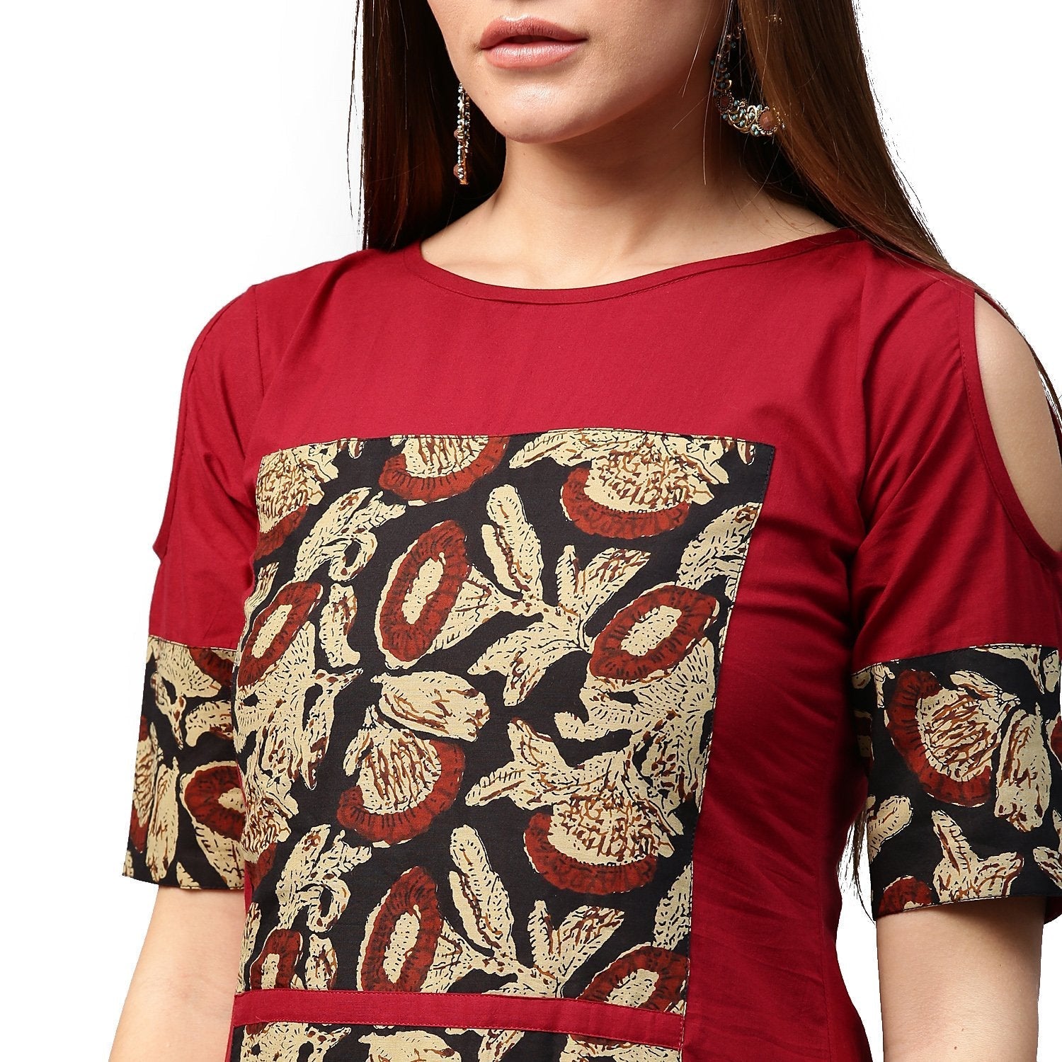 Maroon Printed Half Sleeve Cotton Kurta | LASVINI - Redefining Indian Fashion with Elegance