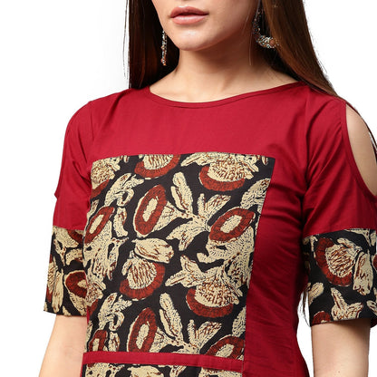 Maroon Printed Half Sleeve Cotton Kurta | LASVINI - Redefining Indian Fashion with Elegance