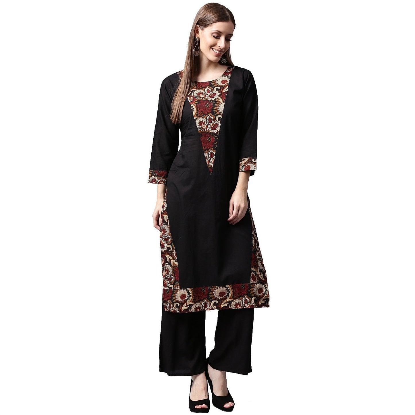 Black Printed 3/4Th Sleeve Cotton Kurta | LASVINI - Redefining Indian Fashion with Elegance