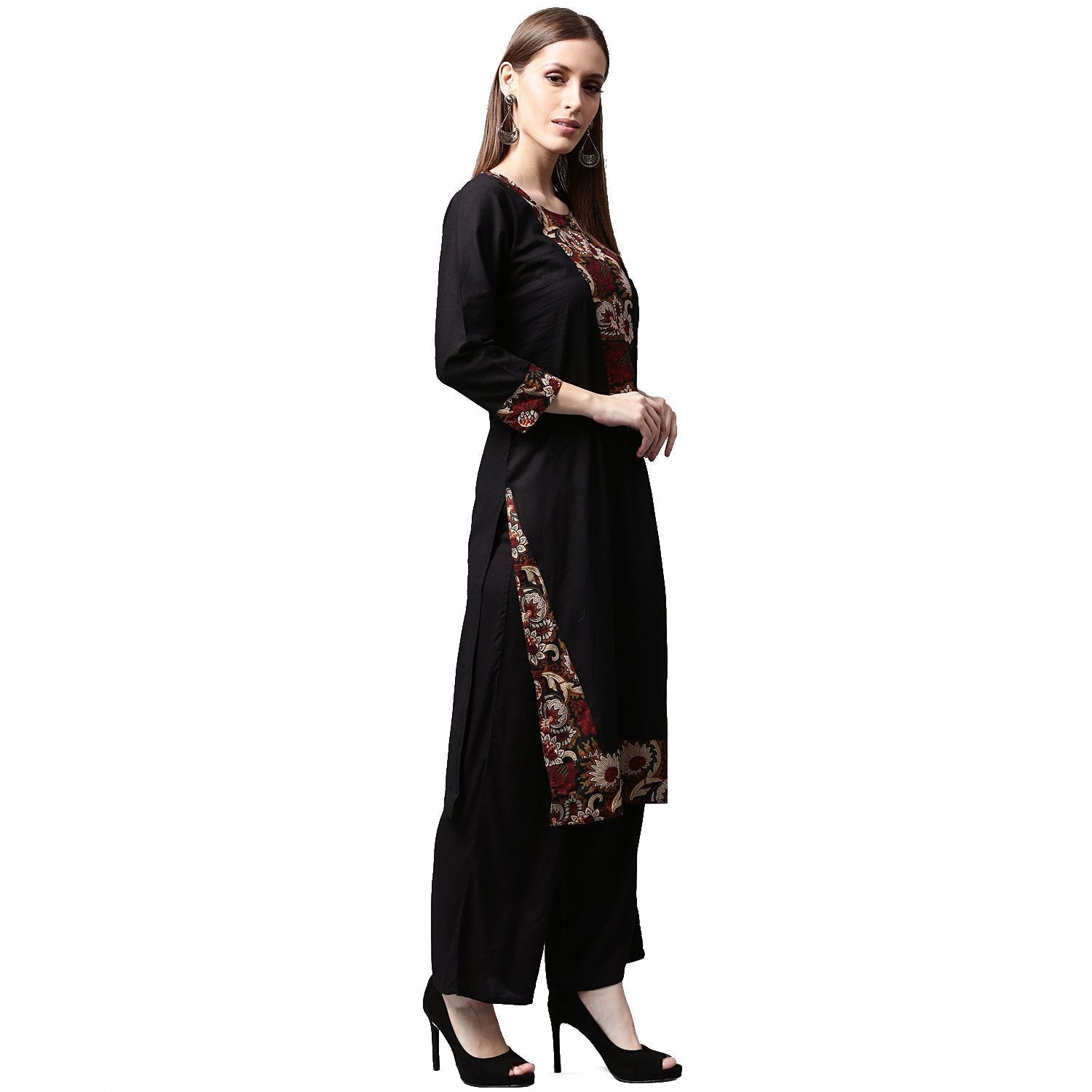 Black Printed 3/4Th Sleeve Cotton Kurta | LASVINI - Redefining Indian Fashion with Elegance