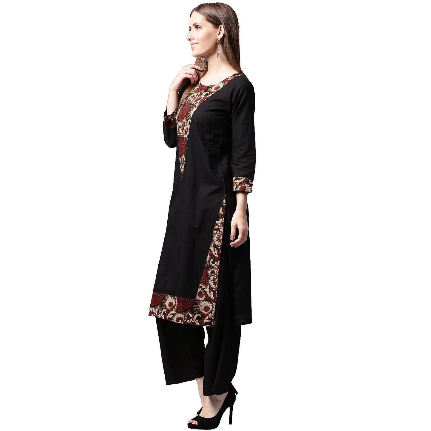 Black Printed 3/4Th Sleeve Cotton Kurta | LASVINI - Redefining Indian Fashion with Elegance