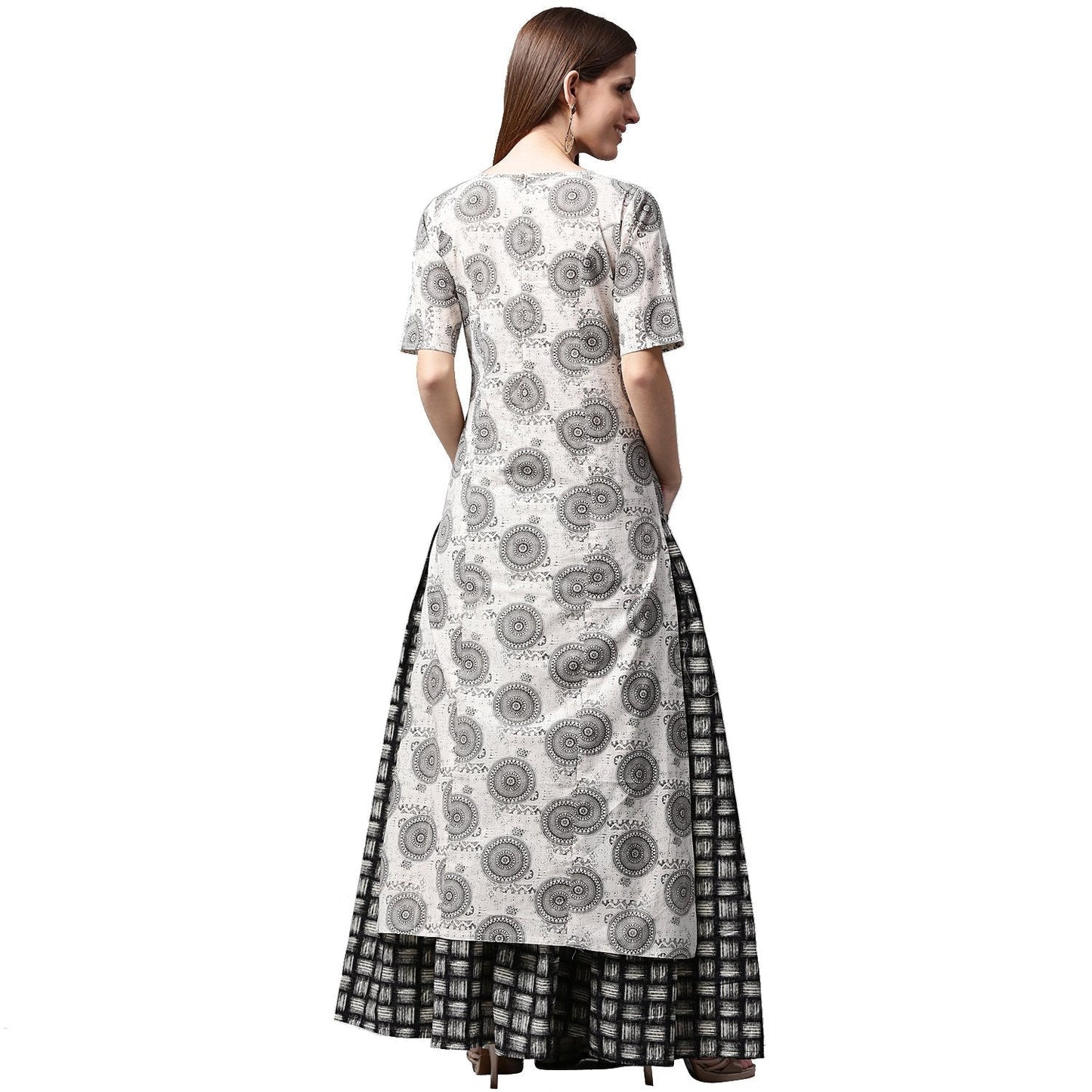 Grey Printed Half Sleeve Cotton Kurta With Black Printed Skirt | LASVINI - Redefining Indian Fashion with Elegance