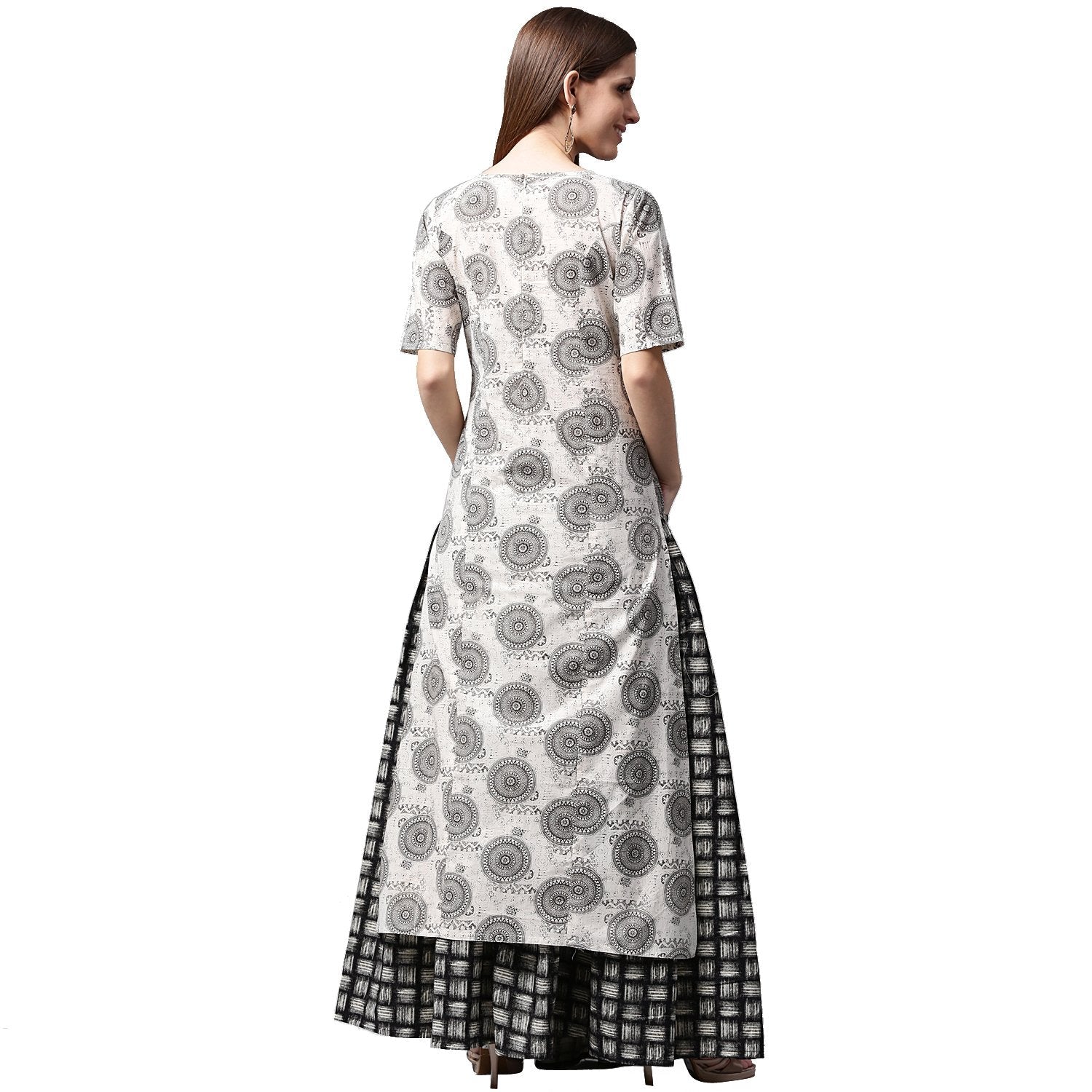 Grey Printed Half Sleeve Cotton Kurta With Black Printed Skirt | LASVINI - Redefining Indian Fashion with Elegance