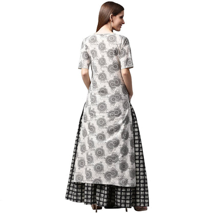 Grey Printed Half Sleeve Cotton Kurta With Black Printed Skirt | LASVINI - Redefining Indian Fashion with Elegance