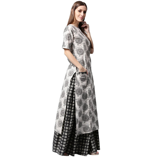 Grey Printed Half Sleeve Cotton Kurta With Black Printed Skirt | LASVINI - Redefining Indian Fashion with Elegance