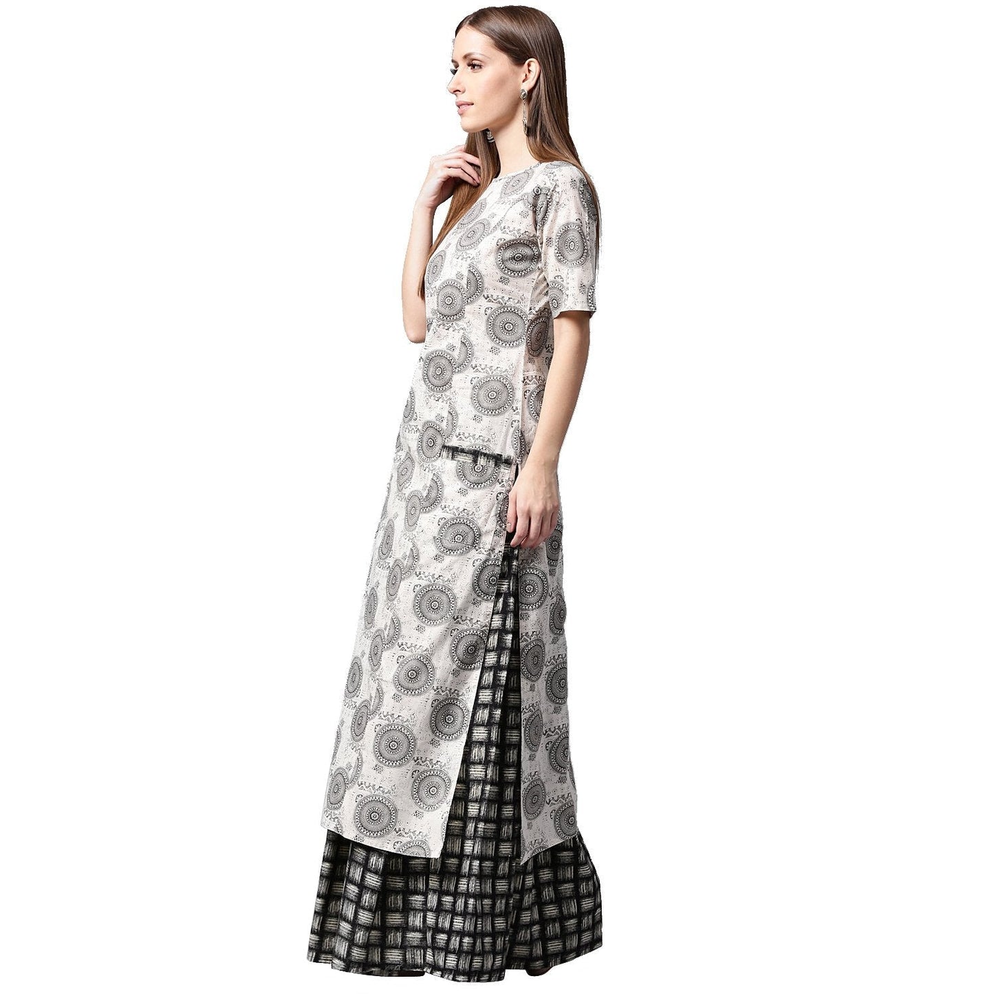 Grey Printed Half Sleeve Cotton Kurta With Black Printed Skirt | LASVINI - Redefining Indian Fashion with Elegance