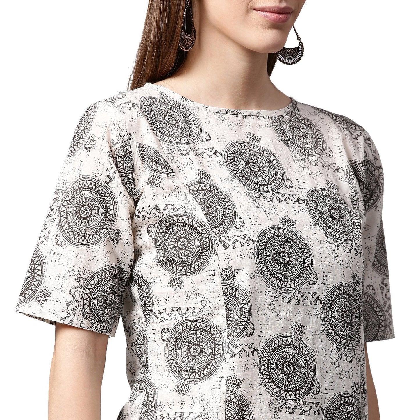 Grey Printed Half Sleeve Cotton Kurta With Black Printed Skirt | LASVINI - Redefining Indian Fashion with Elegance