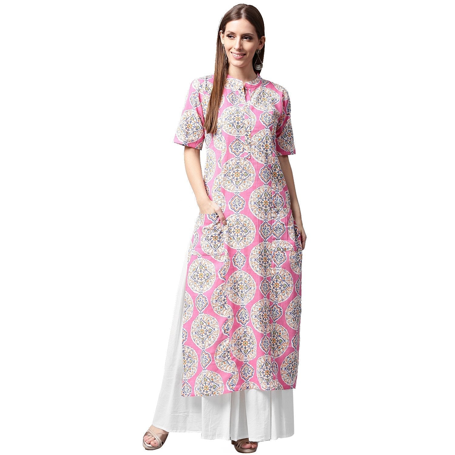 Pink Printed Half Sleeve Cotton A-Line Kurta With White Skirt | LASVINI - Redefining Indian Fashion with Elegance