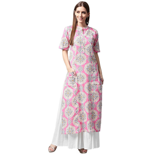 Pink Printed Half Sleeve Cotton A-Line Kurta With White Skirt | LASVINI - Redefining Indian Fashion with Elegance