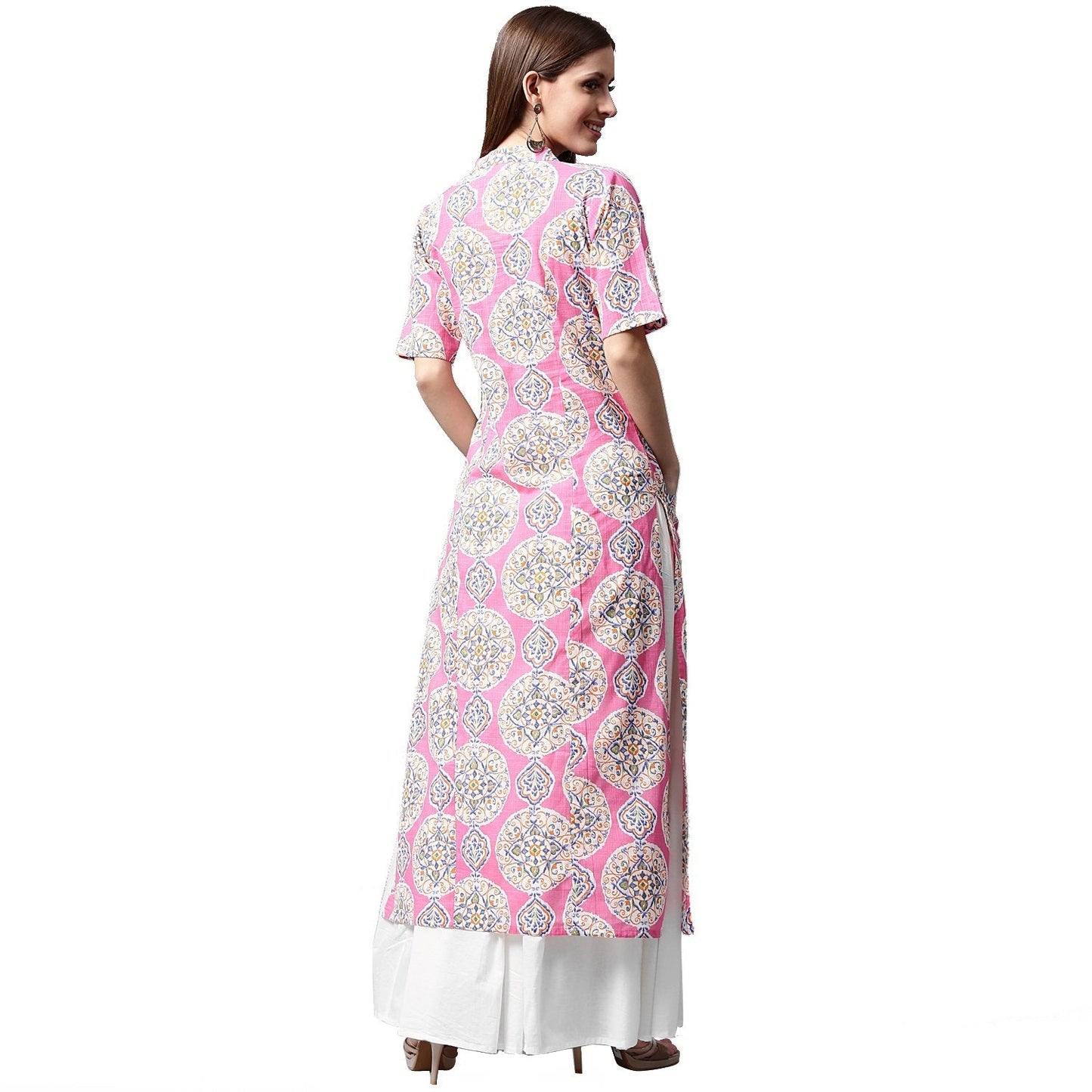 Pink Printed Half Sleeve Cotton A-Line Kurta With White Skirt | LASVINI - Redefining Indian Fashion with Elegance