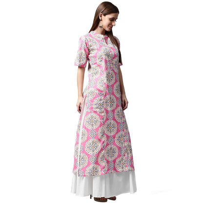 Pink Printed Half Sleeve Cotton A-Line Kurta With White Skirt | LASVINI - Redefining Indian Fashion with Elegance