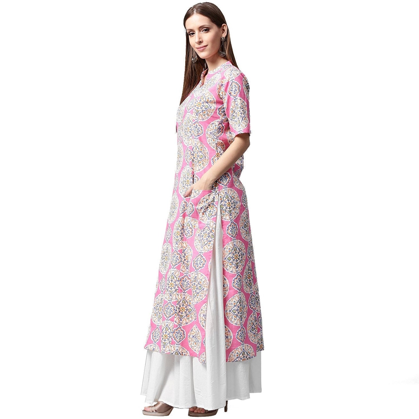 Pink Printed Half Sleeve Cotton A-Line Kurta With White Skirt | LASVINI - Redefining Indian Fashion with Elegance