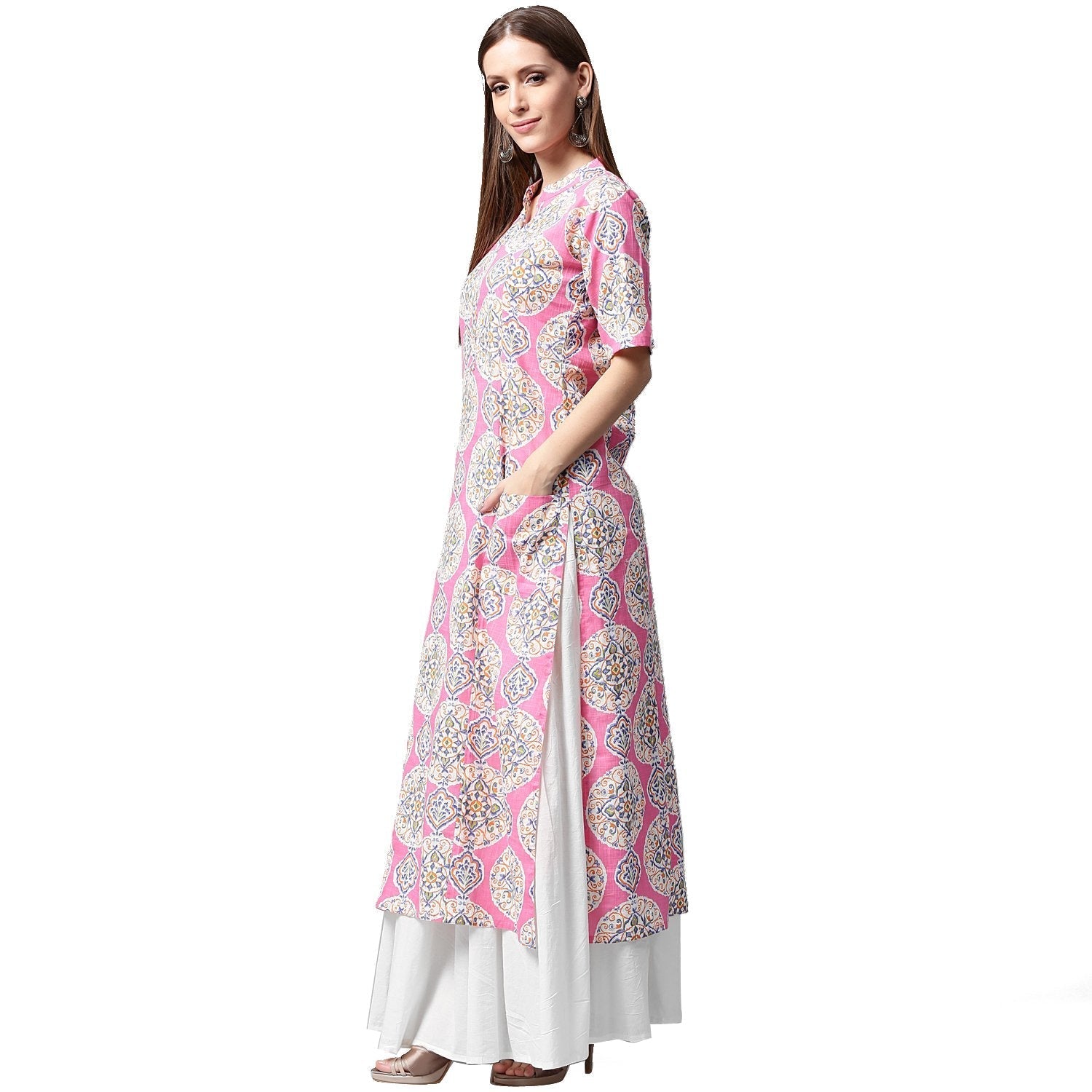 Pink Printed Half Sleeve Cotton A-Line Kurta With White Skirt | LASVINI - Redefining Indian Fashion with Elegance
