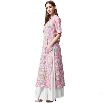 Pink Printed Half Sleeve Cotton A-Line Kurta With White Skirt | LASVINI - Redefining Indian Fashion with Elegance