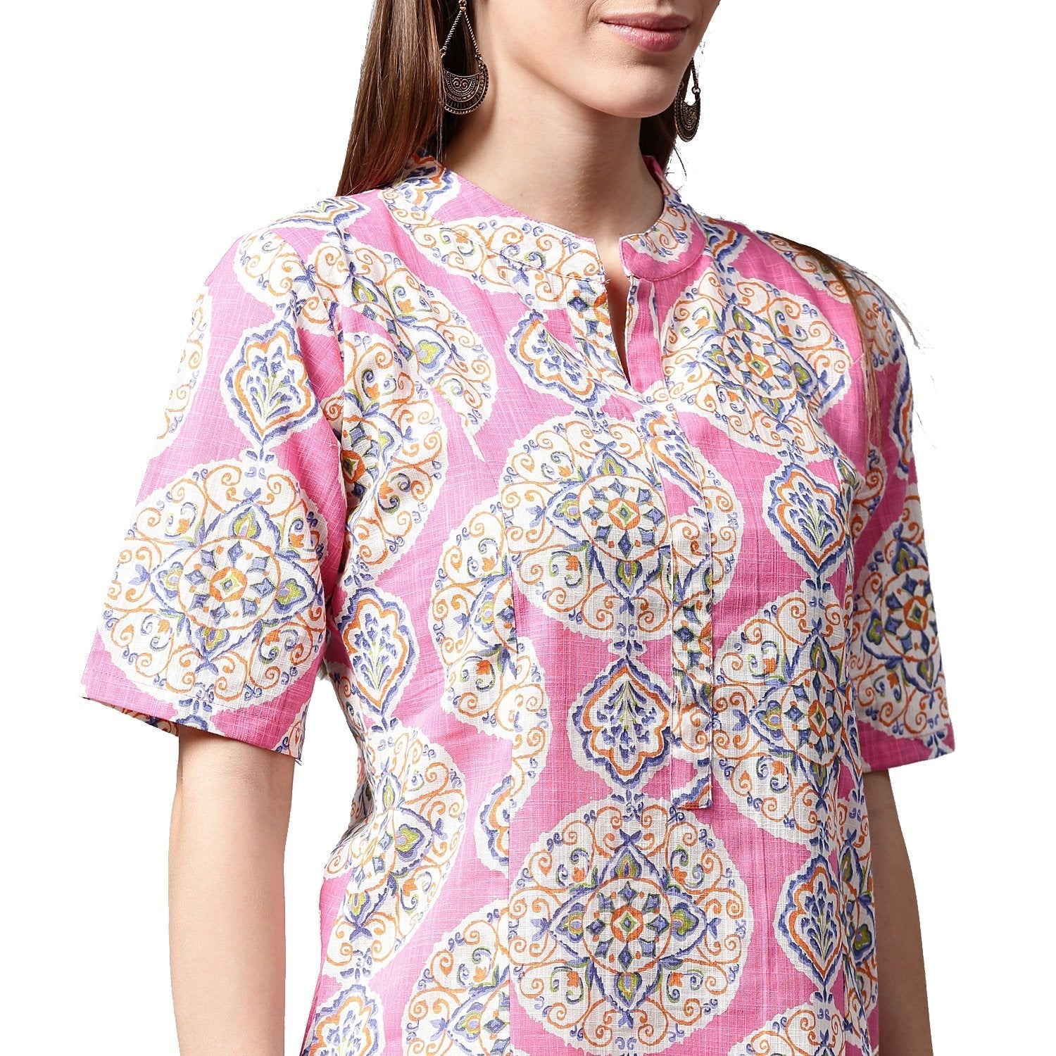 Pink Printed Half Sleeve Cotton A-Line Kurta With White Skirt | LASVINI - Redefining Indian Fashion with Elegance