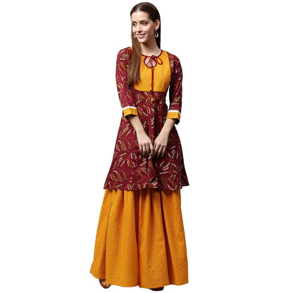 Red Printed 3/4Th Sleeve Cropped Anarkali Kurta With Yellow Printed Skirt | LASVINI - Redefining Indian Fashion with Elegance
