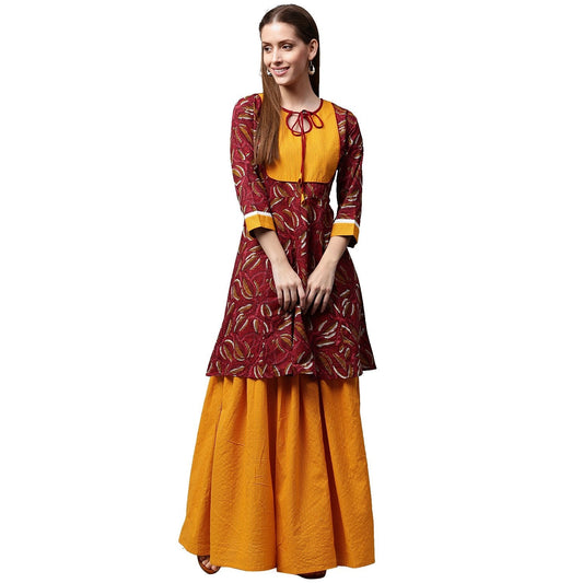 Red Printed 3/4Th Sleeve Cropped Anarkali Kurta With Yellow Printed Skirt | LASVINI - Redefining Indian Fashion with Elegance