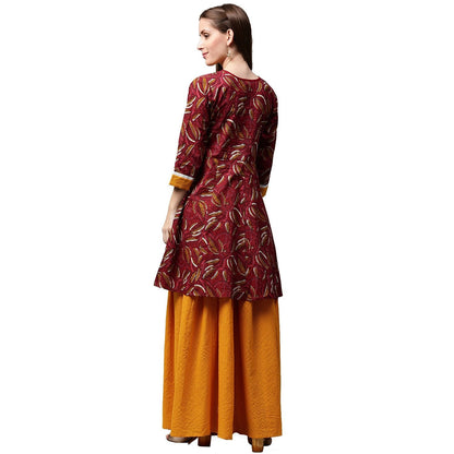 Red Printed 3/4Th Sleeve Cropped Anarkali Kurta With Yellow Printed Skirt | LASVINI - Redefining Indian Fashion with Elegance