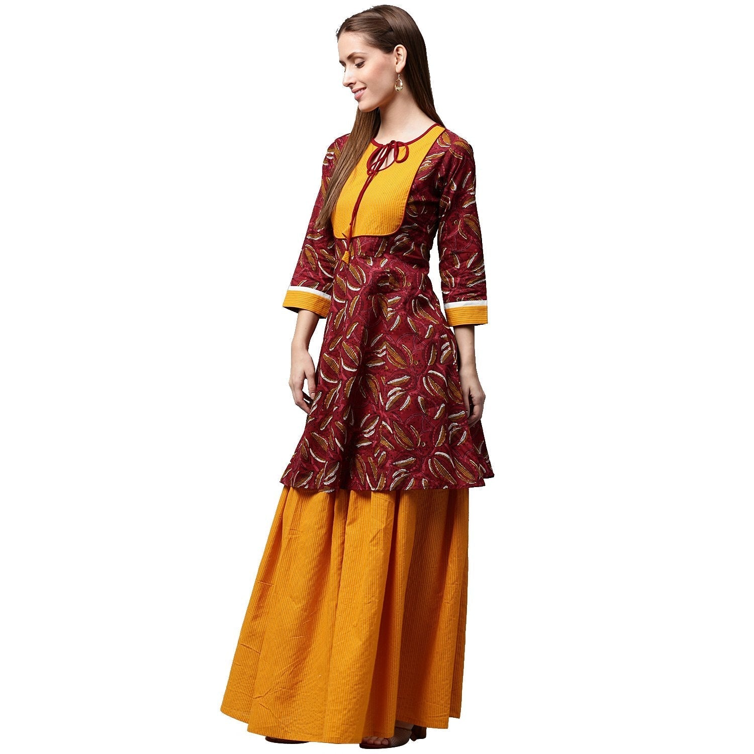 Red Printed 3/4Th Sleeve Cropped Anarkali Kurta With Yellow Printed Skirt | LASVINI - Redefining Indian Fashion with Elegance
